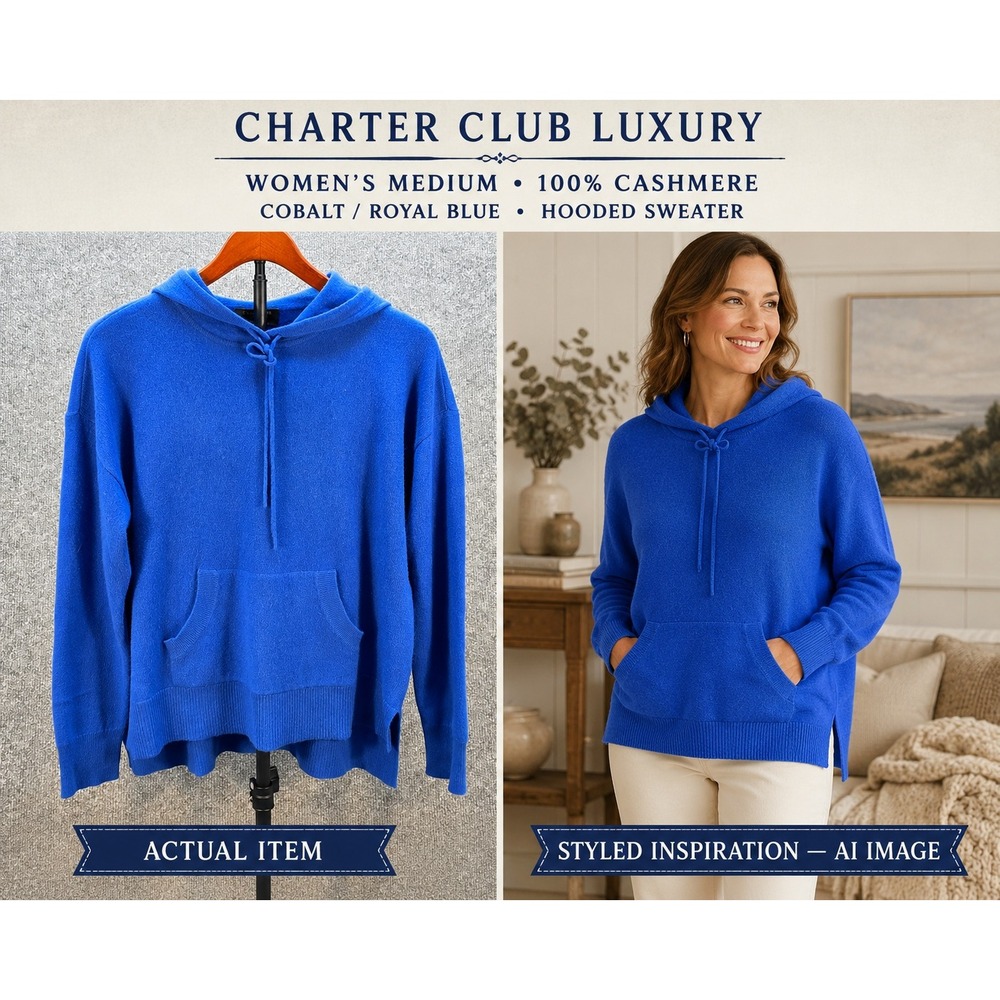 Charter Club Cashmere Hoodie Women Cobalt Blue Medium Excellent Quiet Luxury